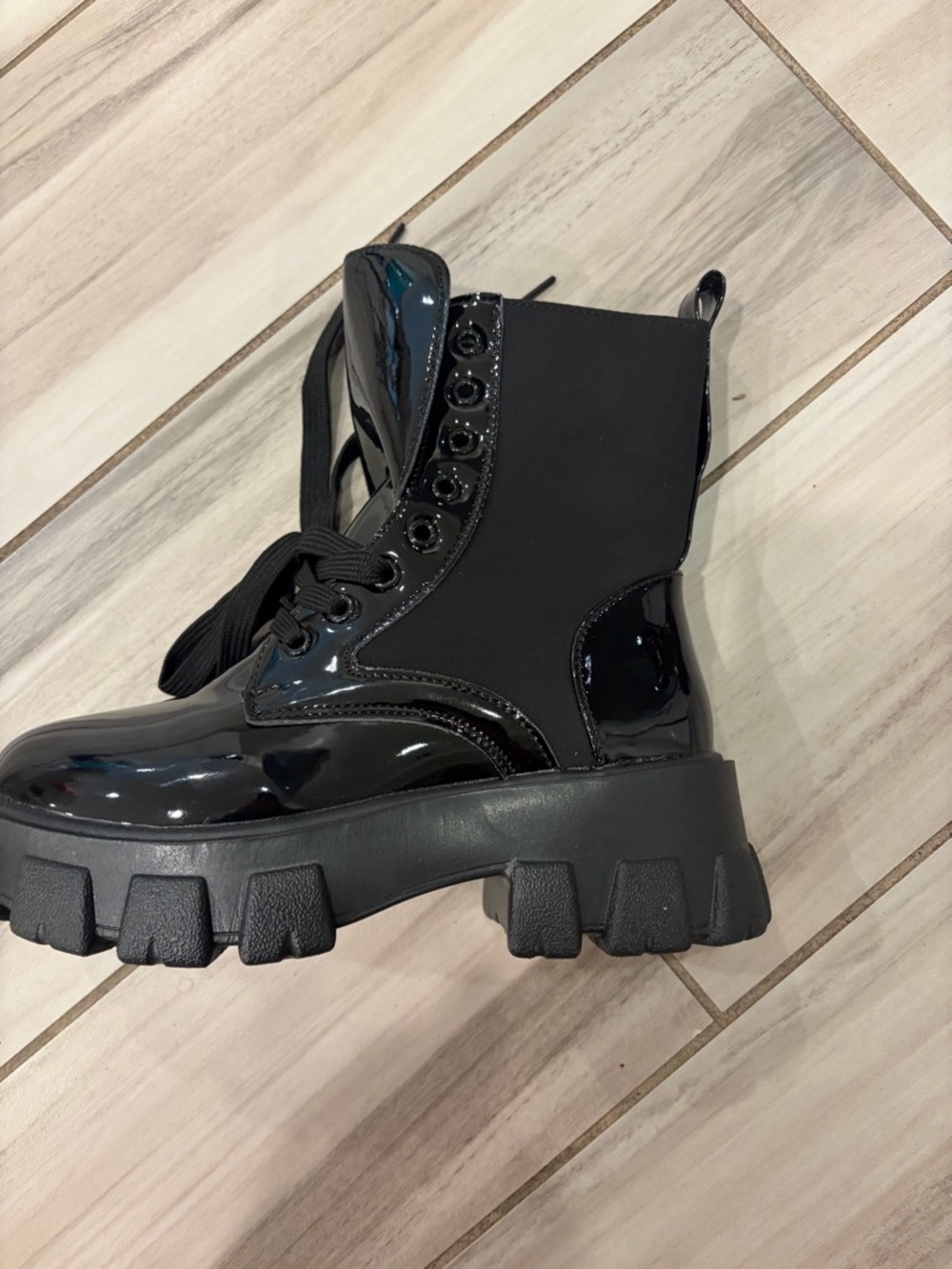 Black Patent Platform Combat Boots - Women's